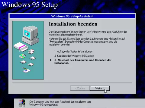 "Screenshot WINDOWS 95 Setup Finishing"